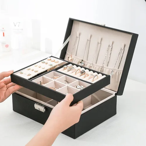 Vista 6 de ZUZ003A - Caja organizadora de joyas para mujeres y niñas, estuche de almacenamiento grande de 2 capas, soporte de exhibición de piel sintética