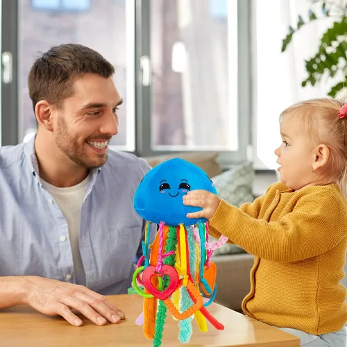 Vista 8 de teytoy Juguete sensorial, juguetes de textura para bebés con sonajero, juguetes sensoriales para autismo, forma de medusa, juguetes sensoriales