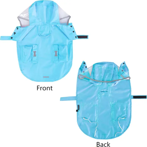 Vista 3 de Impermeable para perro con poncho con capucha, chaqueta de lluvia amarilla ajustable de alto reflejo, con agujero para correa para perros pequeños