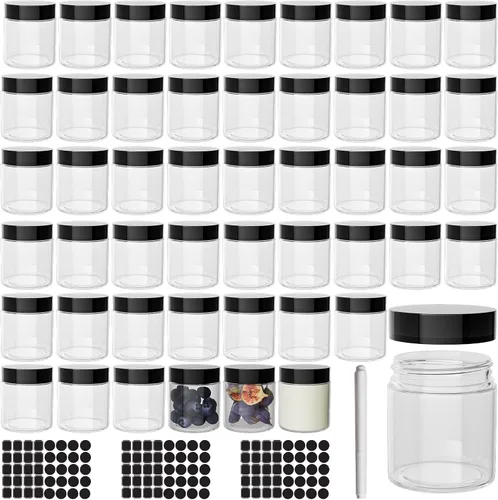 Vista 8 de Betrome - 50 tarros redondos de plástico transparente de 2 onzas con tapas negras 60ml Leak-Proof Wide-Mouth Cosmetic Storage Containers for