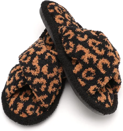 Vista 4 de MIRMARU Pantuflas de casa con estampado de animales para mujer, cómodas, mullidas, con puntera abierta, banda cruzada, para interiores y exteriores