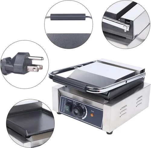 Vista 7 de Prensa comercial Panini, 110V 1800W Plato Plano Sandwich Grill, Acero