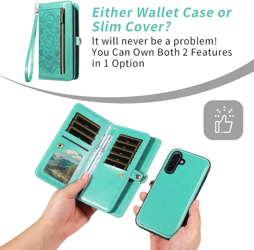 Vista 4 de Asuwish Funda de teléfono para Samsung Galaxy A17 5G con cremallera, funda de celular desmontable con protector de pantalla de vidrio templado Verde
