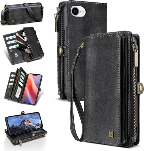 Vista 31 de Funda tipo cartera para iPhone 16 Pro Max con 8 tarjeteros, bloqueo RFID, piel sintética, función atril, abatible, correa de muñeca y correa