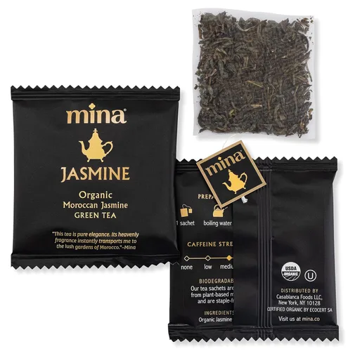 Vista 4 de Mina Té verde orgánico de jazmín marroquí, 15 sobres biodegradables, bolsas de té verde perfumadas a jazmín, rico en antioxidantes con esencia