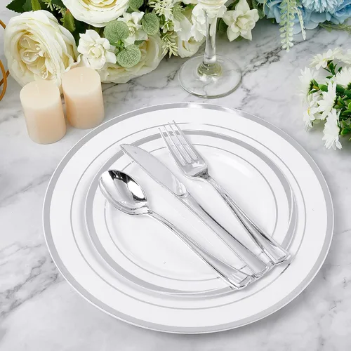 Vista 7 de FOCUSLINE Juego de 300 cubiertos de plástico plateado – 100 tenedores, 100 cuchillos, 100 cucharas – cubiertos desechables de plástico resistente