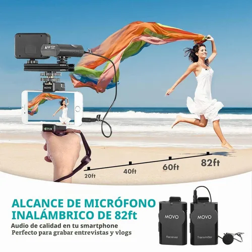 Vista 5 de Movo Kit de video inalámbrico para teléfono inteligente V2+ con trípode, agarre, micrófono de solapa inalámbrico, luz LED y control remoto,