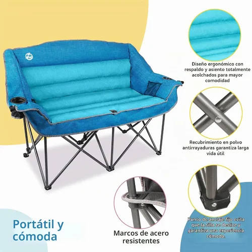 Vista 4 de Northroad Silla de camping doble de gran tamaño, sofá biplaza totalmente acolchado, silla doble plegable resistente con portavasos, reposabrazos