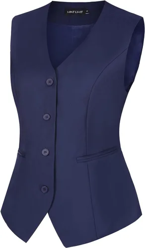 Vista 3 de MINTLIMIT Chaleco para mujer, totalmente forrado, con botones, cuello en V, formal, elegante, con bolsillos