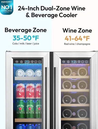 Vista 2 de EUHOMY Refrigerador de vino y bebidas, enfriador de vino de doble zona de 24 pulgadas con puerta de vidrio que contiene 21 botellas y 88 latas