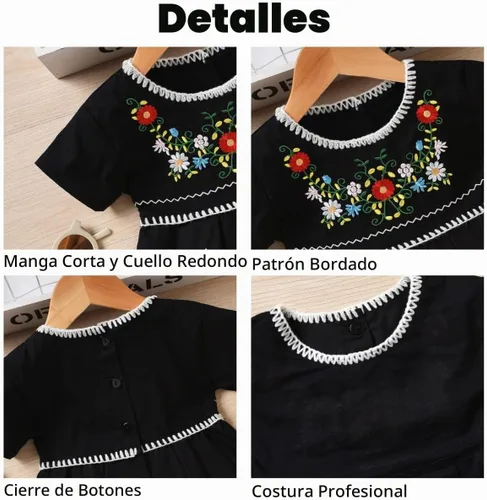 Vista 3 de Aalizzwell Vestido Bordado para Bebé Niña Pequeña Ropa Étnica Vestido de Verano de Manga Corta Negro