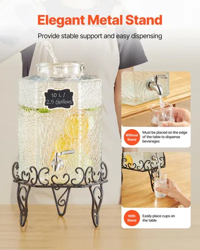 Vista 5 de VEVOR Dispensador de bebidas, dispensador de bebidas de 2.5 galones para fiestas, dispensador de jugo de vidrio con soporte de metal, grifo de acero
