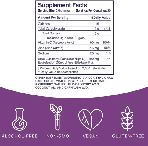 Vista 2 de Elderlane Gomitas de saúco para adultos y niños, apoyo inmunológico, sin OMG, veganas, sin gluten, sin gelatina, 60 unidades, 100 mg