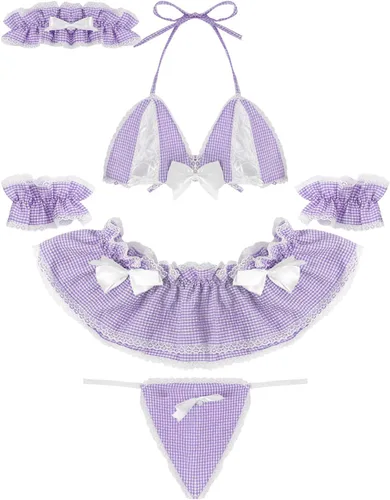 Vista 5 de Conjunto de lencería sexy para mujer, diseño de anime criada, color tartán