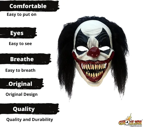 Vista 3 de Ghoulish Productions Darky the payaso, máscara negra de payaso espeluznante. Máscara de látex de payaso espeluznante con dientes puntiagudos.