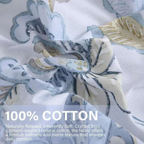Vista 8 de Juego de edredón floral azul tamaño Queen, juego de ropa de cama botánica azul 100% algodón, edredón suave transpirable de 3 piezas y 2 fundas