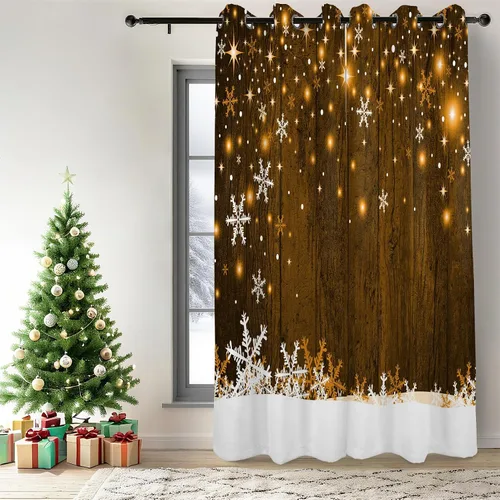 Vista 2 de Renaiss Cortinas opacas de Navidad con tablones de madera rústica para dormitorio, con ojales, estampado de copos de nieve navideños, cortinas