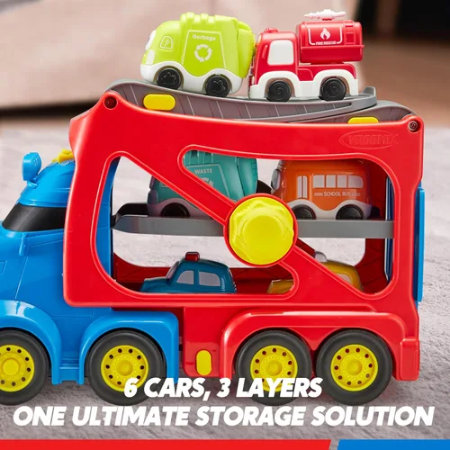 Vista 5 de Vroomix Camiones de Juguete Extra Grandes para Niños Pequeños, Camiones de Ciudad de 3 Niveles para Niños, Camión Transportador Grande 7 en 1