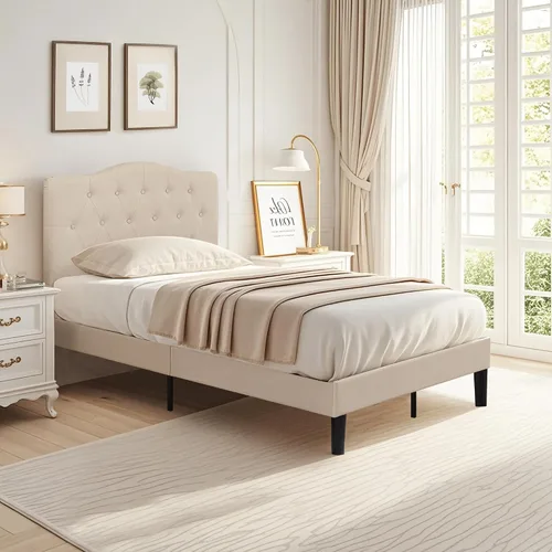 Vista 3 de VECELO Base de cama de plataforma de tamaño individual con cabecera tapizada de tela y soporte de listones de madera, no necesita somier/fácil Beige