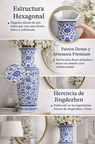 Vista 10 de 24" clásico azul y blanco hexagonal Lotus porcelana jarrón, jarrón de cerámica Jingdezhen, estilo Qing de China (D8)