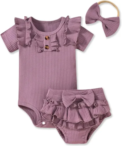 Vista 14 de Aalizzwell Body de manga corta para bebé niña con pantalones cortos acanalados