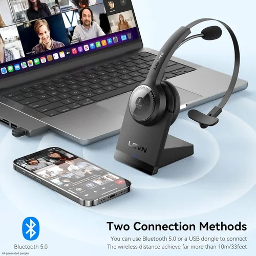 Vista 6 de LEVN Auriculares Bluetooth 5.0, auriculares inalámbricos con micrófono (cancelación de ruido AI), auriculares Bluetooth de 35 horas con dongle USB