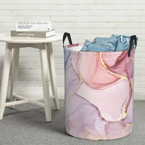 Vista 8 de Papelera de almacenamiento circular Protable con estampado de mármol púrpura y dorado, cesta para ropa sucia con asas ropa de dormitorio