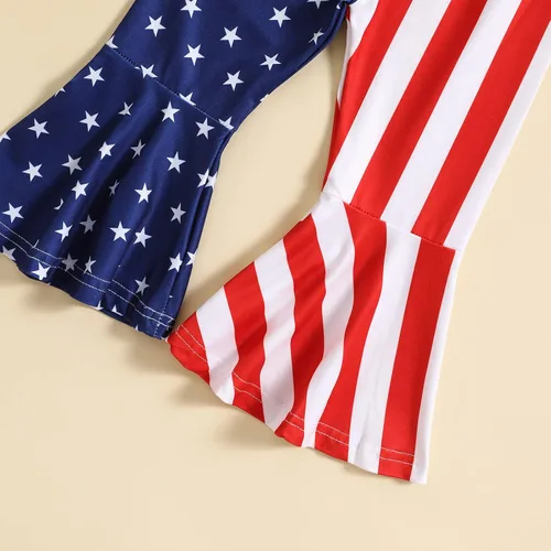 Vista 7 de Noubeau Traje de 4 de julio para niña pequeña, camiseta de manga corta, pantalones de campana con bandera americana, ropa de verano