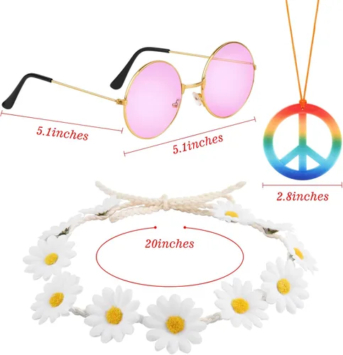 Vista 5 de CHRORINE Conjunto de disfraz de hippie, gafas de sol hippie, signo de paz para decoraciones de fiesta