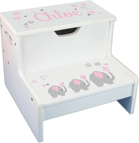 Vista 9 de Taburete para niños con guirnalda floral rosa y gris con almacenamiento (guirnalda de mariposas brillantes)