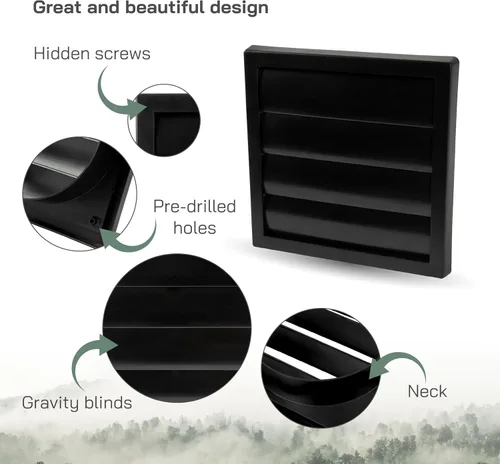 Vista 3 de Vent Systems Cubierta de ventilación de escape negra de 6 pulgadas - Capucha de ventilación de secadora - Cubierta de ventilación de conducto