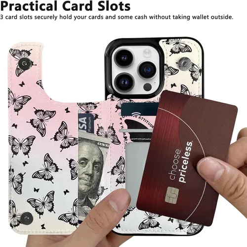 Vista 3 de Funda de piel con tapa para tarjetas compatible con iPhone 13 Pro de 6.1 pulgadas, para mujeres y niñas con tarjetero con función atril, doble