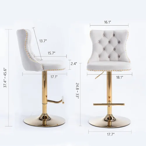 Vista 9 de Taburete de bar giratorio ajustable de altura de mostrador, silla de bar tapizada de terciopelo dorado con base cromada con respaldo acolchonado