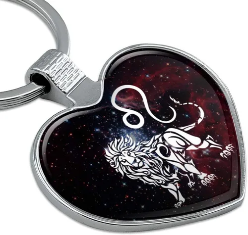 Vista 2 de GRAPHICS & MORE Leo Lion Zodiac Sign Horoscope in Space Keychain Heart Love Metal Key Chain Ring
