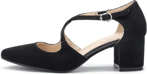Vista 5 de IDIFU Lynn - Vestido de tacón bajo para mujer, con puntera cerrada, tacón grueso, correa cruzada, boda, fiesta, oficina, zapatos, 5