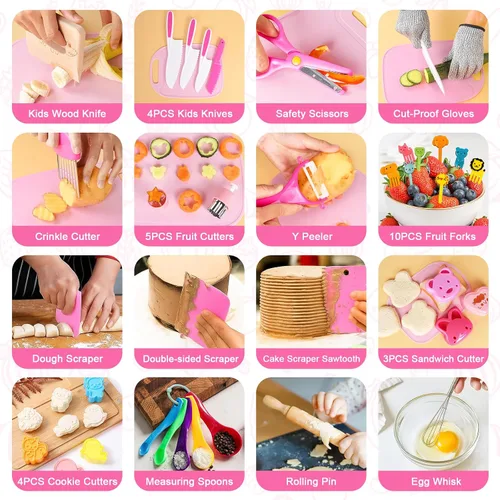 Vista 3 de Juego de Cuchillos para Niños para Cocina Real: Juego de Cocina para Niños de 48 Piezas, Juegos de Cocina para Niños Reales con Delantal y Canasta