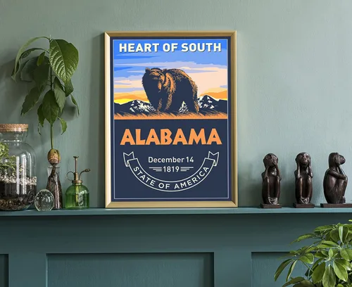 Vista 3 de Póster del estado de Alabama, impresión de póster de Alabama, póster con emblema del estado de Alabama, póster de estado de viaje retro, arte