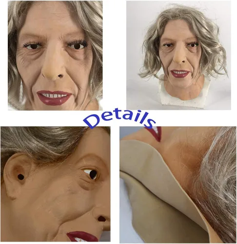 Vista 4 de HENGYUTOYMASK Máscara de látex humano de cabeza completa para mujeres mayores máscara de abuela disfraz de Halloween fiesta de cosplay vestido