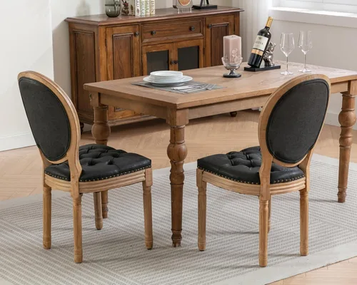 Vista 4 de LKTART Juego de 2 sillas de comedor francesas de piel sintética con botón y cabezal de clavos para sala de estar, cocina, sillas laterales ovaladas