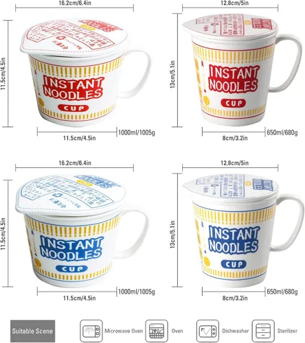 Vista 5 de Cuenco de fideos instantáneos de cerámica con tapa, taza creativa para sopa de ramen, cuenco para almuerzo para estudiantes (color azul, tamaño: S)