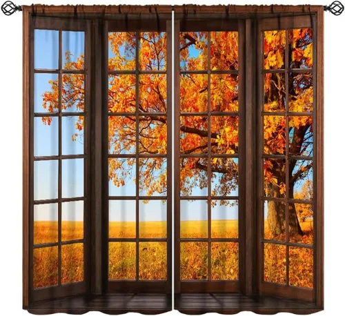 Vista 11 de Cortinas de calabaza de animales, lindos dibujos animados de animales del bosque, hojas de otoño y hongos, estampado de hojas y hongos, tratamientos