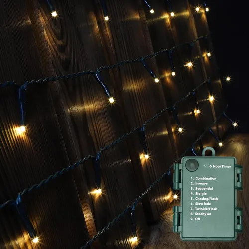Vista 6 de LAMPHOME Luces de Navidad de color blanco cálido, 34.1 pies, 100 luces LED impermeables para árbol de Navidad con 8 modos, decoraciones de Navidad