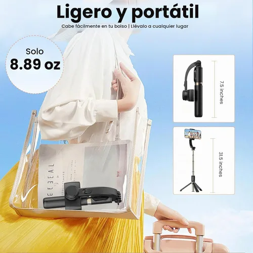 Vista 8 de Estabilizador de cardán para smartphone, cardán de mano de equilibrio automático de 1 eje, trípode extensible giratorio de 360°, control remoto Negro