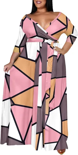 Vista 2 de Runwind Vestidos de talla grande para mujer, vestido largo floral, manga 34 con cinturón
