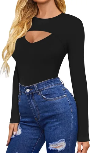 Vista 2 de HERLOLLYCHIPS Camiseta de manga larga para mujer cuello redondo acanalada sexy casual elegante para otoño e invierno
