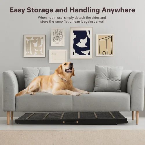 Vista 5 de Rampa para Mascotas Plegable Portátil de Madera para Perros y Gatos para Sofá o Cama, Incluye Alfombrilla Antideslizante y Rieles Laterales
