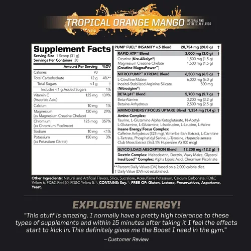 Vista 5 de PMD Sports Ultra Pump Fuel Insanity - Pre entrenamiento - Mango naranja tropical (30 porciones) Sports CG5 Premium Creatina y L-Glutamina en polvo