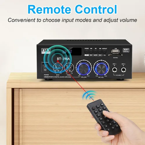 Vista 10 de Romica Amplificador de audio estéreo, 2 canales 450W+450W Bluetooth 5.0 amplificador de potencia de cine en casa con radio FM, USB, SD, entradas