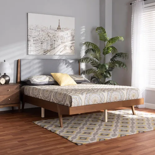 Vista 2 de Baxton Studio Senna Mid-Century - Cama de plataforma tapizada de tela gris moderna y acabado marrón nogal, tamaño King