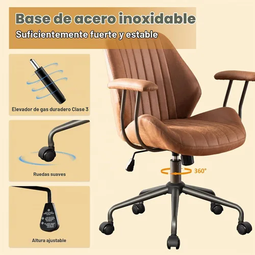 Vista 4 de Silla ergonómica de oficina giratoria de gamuza para oficina en casa, color Marrón claro